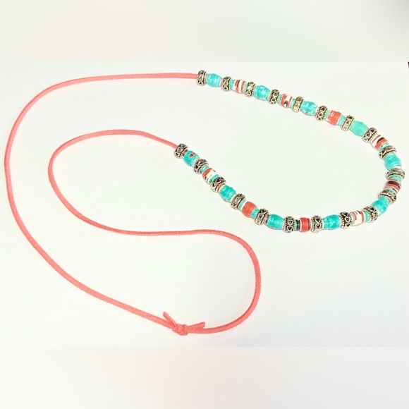 Handmade Recycle Paper Bead Necklace Orange Turquoise Beads Orange Leather Strap - Picture 3 of 3